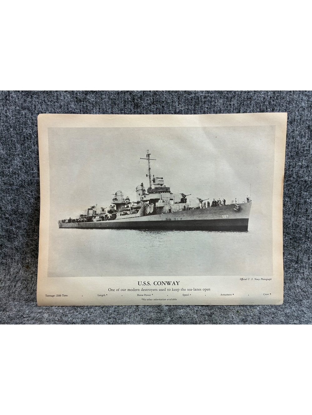 Vintage U.S.S. Conway Navy Destroyer Black and White Photo Print